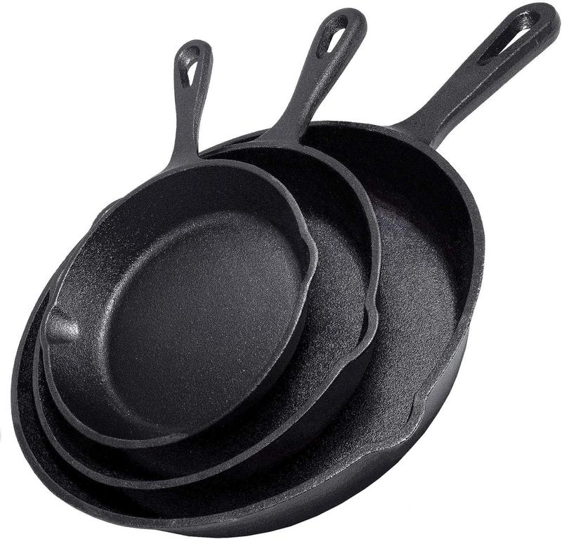 Cast Iron Skillet 3-Piece Set - Heavy-Duty Professional Restaurant Chef Quality Pre-Seasoned Pan Cookware Set - 10", 8", 6" Pans - For Frying, Saute, Cooking, Pizza & More,Black