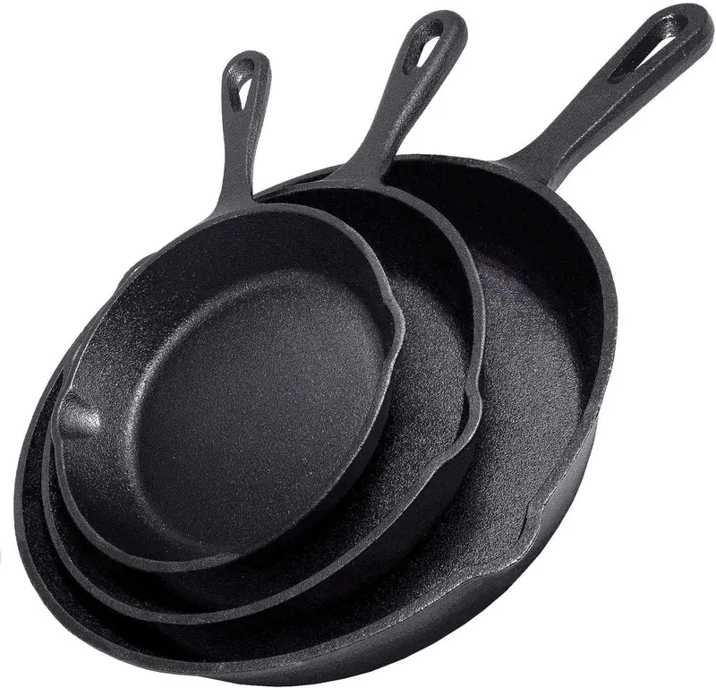Cast Iron Skillet 3-Piece Set - Heavy-Duty Professional Restaurant Chef Quality Pre-Seasoned Pan Cookware Set - 10", 8", 6" Pans - For Frying, Saute, Cooking, Pizza & More,Black