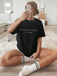 Women's Letter Print Round Neck Tee, Fashion Casual Drop Shoulder Half Sleeve T-shirt for Daily Wear, Ladies Summer Clothes