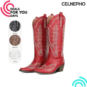 CELNEPHO Women Cowboy Boots Pointed Toe Chunky Block Heel Mid Calf Boot Western Embroidered Design Vintage Booties Easy Pull on Tabs Horse Riding Country Wedding Date Gift Cowgirl Dress Shoes Deals For You Days