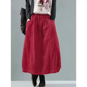 Button Detail Elastic Waist Skirt, Casual Dual Pockets Cocoon Skirt For Spring & Fall, Women's Clothing