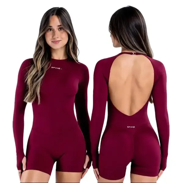 (With Logo) DFYNE Backless Long Sleeve Yoga Bodysuit, Stretchy Tummy Control Workout , Butt Lifting Gym Onesie for Pilates & Training sport jumpsuit