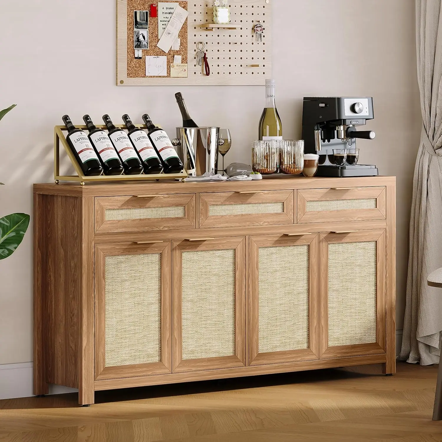 Kitchen Sideboard Buffet Cabinet with Storage, 63in Large Farmhouse Wood Coffee Bar Credenza Cabinet with 3 Drawers and 4 Doors Adjustable Shelves for Living Room