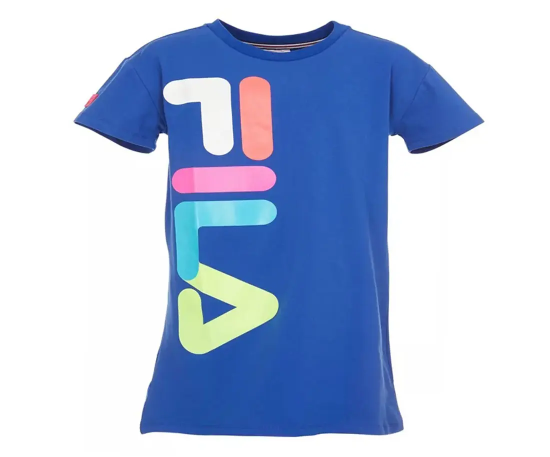FILA Girls' Short-Sleeve Crewneck Casual T-Shirt Dress - Blue/White/Red Activewear with Large Classic Logo Print, Sporty Chic Graphic Athletic Pull-On Style