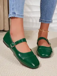 Vintage Square Toe Mary Jane Flat Shoes, Buckle Strap Glossy Soft PU Leather, Versatile College Style Commuter Ballet Flats