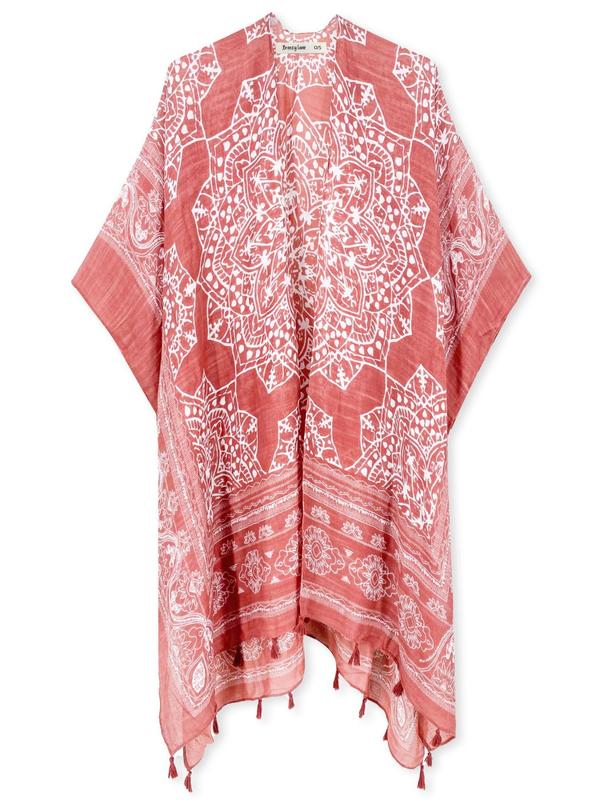 Women's Ethnic Pattern Kimono, Boho Casual Open Front Cover Up for Beach Vacation, Ladies Spring & Fall Clothes Women's Ethnic Pattern Kimono, Boho Casual Open Front Cover Up for Beach Vacation, Ladies Spring & Fall Clothes