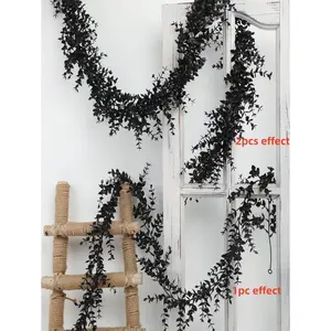 2pcs 6ft Vinyl Artificial Black Eucalyptus Wreaths, 3D Plastic Eucalyptus Vine Garlands with Realistic Multicolor Fake Leaves Greenery, Decorative Wall Hanging Plants for Indoor/Outdoor Halloween Decoration