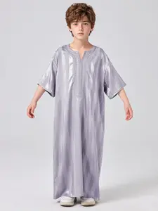Boys' Striped Print Tunic Robe, Modesty Casual Comfy Short Sleeve Long Robe for Summer, Kids Clothes for Daily Wear, Kids Clothing