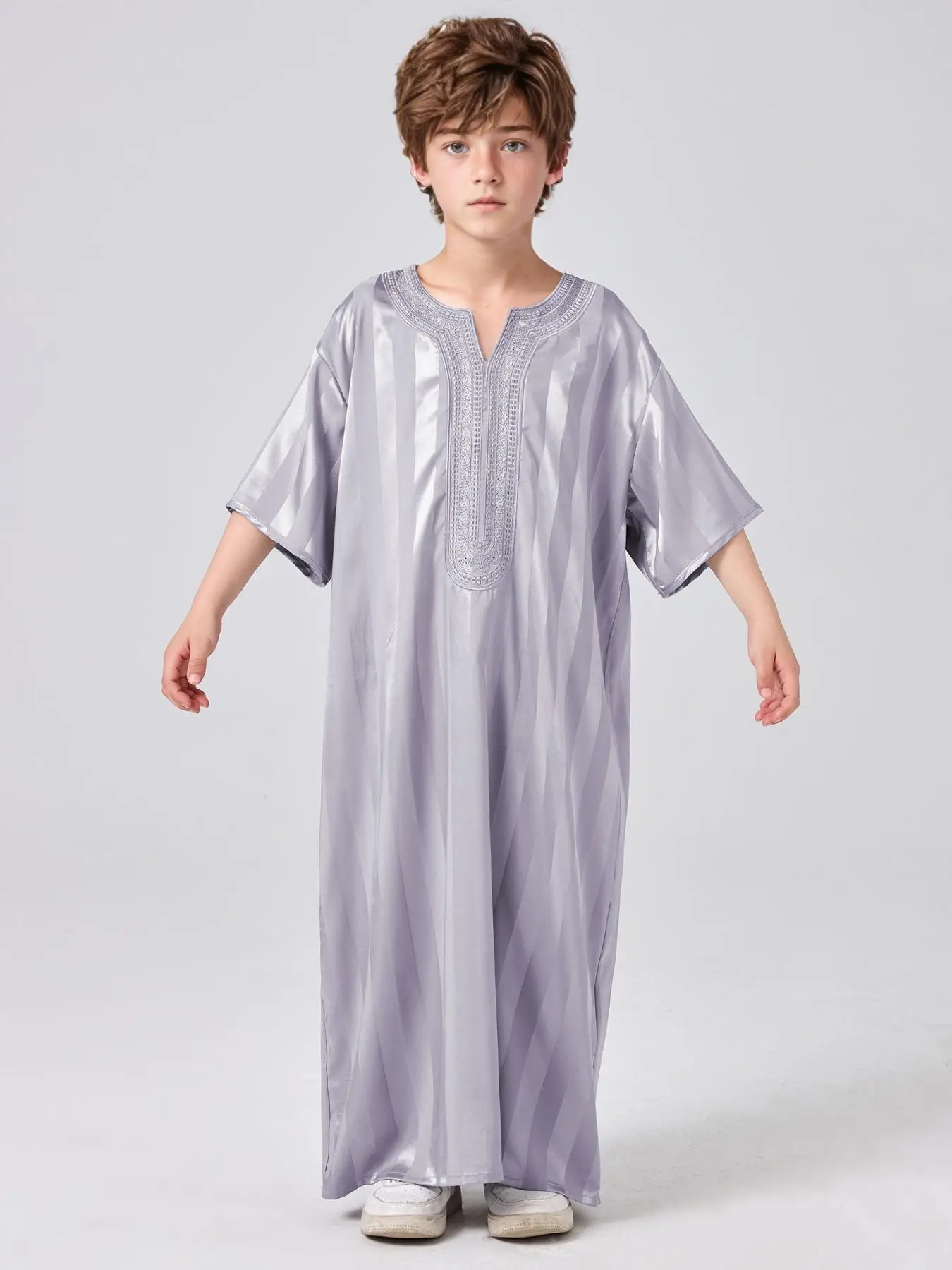 Boys' Striped Print Tunic Robe, Modesty Casual Comfy Short Sleeve Long Robe for Summer, Kids Clothes for Daily Wear, Kids Clothing