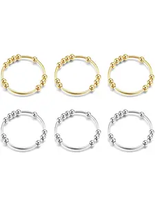 Round 6 Pcs Silvery Golden Simple Thumb Rings Stainless Steel Spinner Bead Rings for Women Men Classic Rings with Beads Rings Stackable Mindfulness Rings