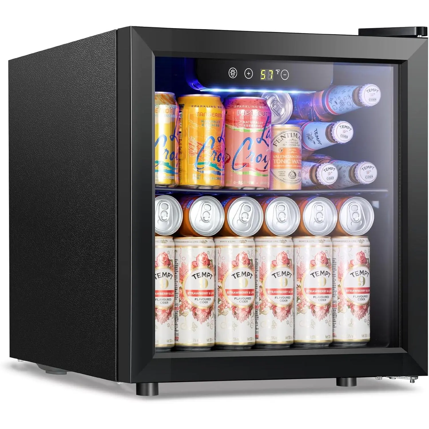 Mini Fridge Cooler - Beverage Refrigerator Black Glass Door for Beer Soda or Wine –Small Drink Dispenser Machine Clear Front Removable for Home, Office or Bar, 1.3cu.ft., Black