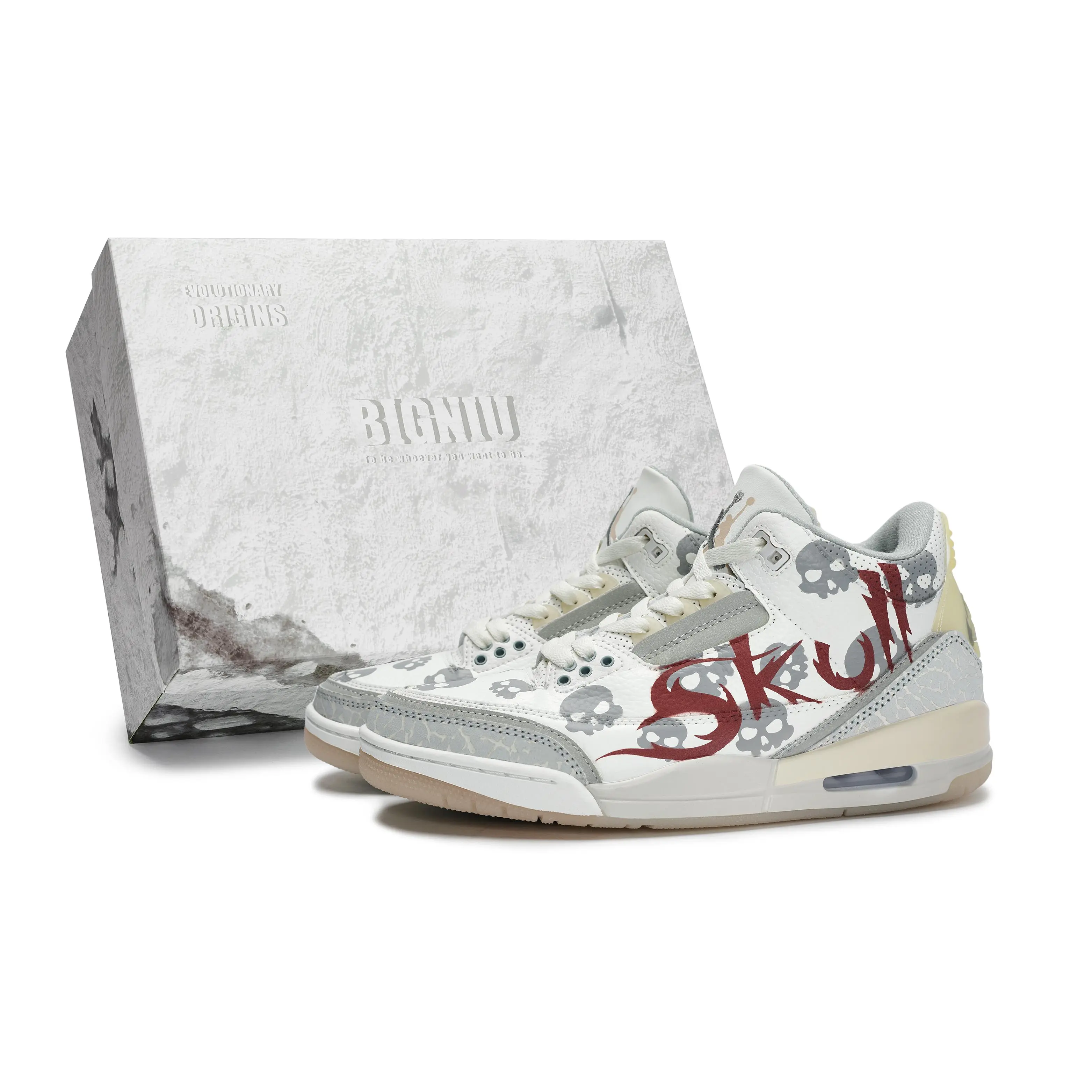 Men's-Women's Jordan Air Jordan 3 Ghost Awakening Custom Fashion Sneakers Women, Skull Design, Special Box, House White Official Maison Mihara Casual Trainers