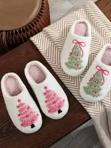 Tree Embroidered Slippers for Couples & Families, Cute Cartoon Design Indoor Shoes, Perfect Fall Winter Gift, Supportive, Fuzzy, Lifestyle, Classic, Everyday, Stable, Durable, Soft, Memory Foam, Comfortable