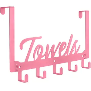 Over The Door Hooks, Towel Rack for Bathroom Towel Holder for Hanging Heavy Duty, Over Door Towel Hanger with 5 Coat Hooks for Bedroom Bathroom Kitchen Towels, Pink Bathroom Decor