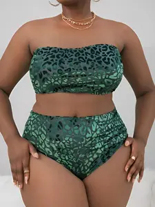 Two-Piece Set Plus Size Leopard Print Bandeau Bikini Set, Casual Strapless Swim Top & High Waist Swim Bottom, Women's Two-piece Swimsuit for Summer Beach Holiday Vacation, High Waisted Swimsuits, Bikinis Sets, High Waist Swimwear