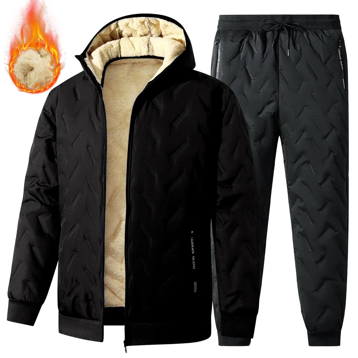 Thick-lined hooded thermal warm outfit set, 100% polyester sherpa lining | Winter trips & daily outdoor walks | Insulated suit for reliable cold weather protection, great Christmas gift for men