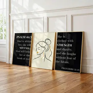 God Is Within Her WallArt Set of 3, Clothed With Strength BlackGold Print, Psalm 46:5 Proverbs 31 25, Christian Women Decor