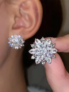 Fashionable Cubic Zirconia Decorated Flower Shaped Earrings, Elegant Cubic Zirconia Studs Earring Jewelry for Women for Party, Daily Clothing Decor, Versatile Earrings, Trendy All-match & Exquisite Jewelry for Birthday Gift