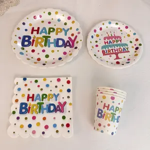 Colorful Polka Dot Happy Birthday Disposable Plate Set, Party Gathering Dessert Tray Utensils, No Wash Easy Cleanup, Birthday Supplies