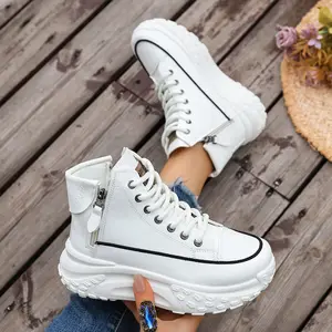 Spring and Autumn new arrival high-top shoes, round toe, thick sole for added height, soft sole, casual sneakers, street style white shoes.