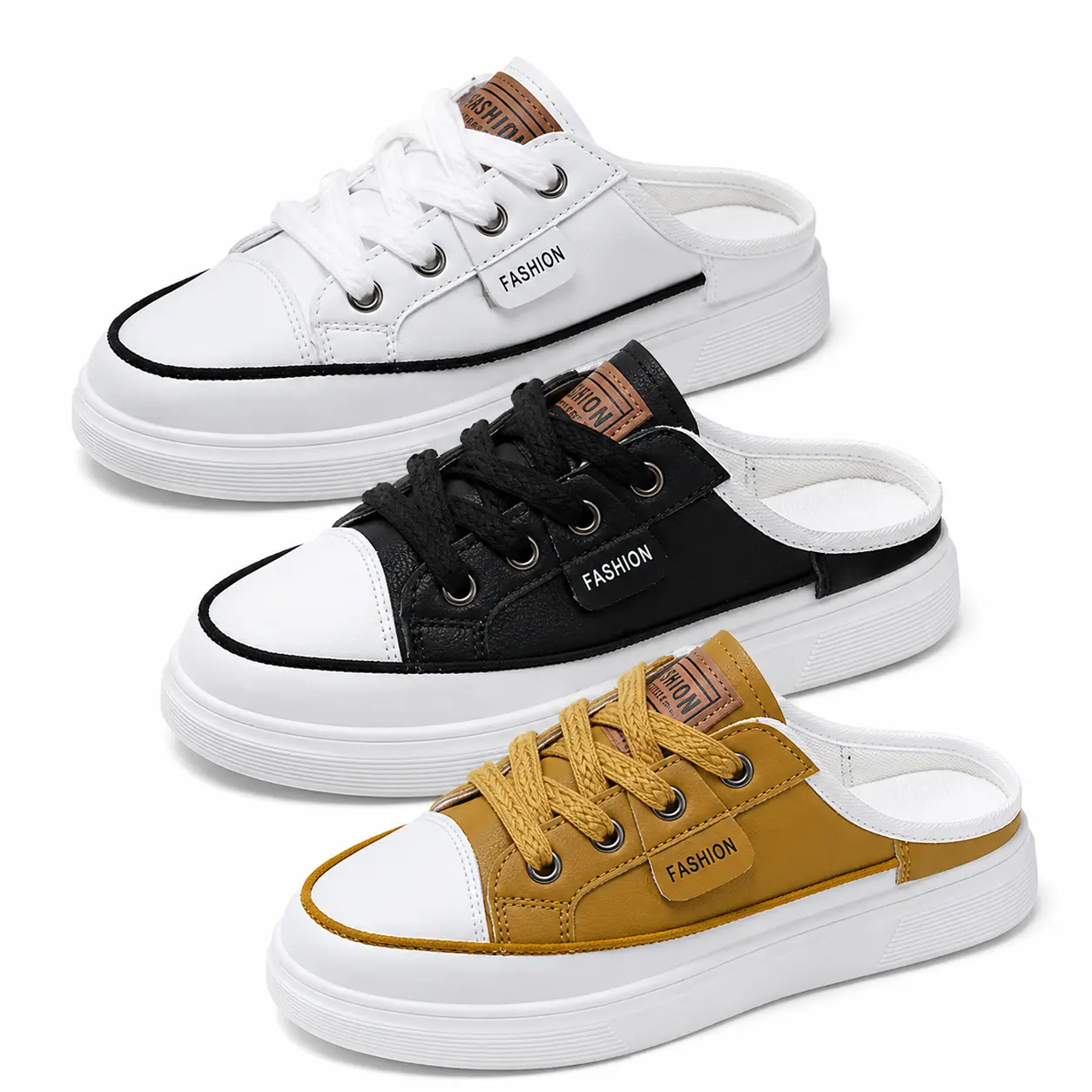 Women’s Chic Round Toe Backless Platform Sneaker Mules, EVA Fabric Lace-Up Multi-Use Casual Slip-On Comfortable Everyday Shoes, Laces Casual Trainers