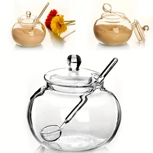 1 Set Clear Glass Sugar Jar with Spoon Clear Condiment Jar for Kitchen Outdoor Safe Home Storage Cooking Candy Container