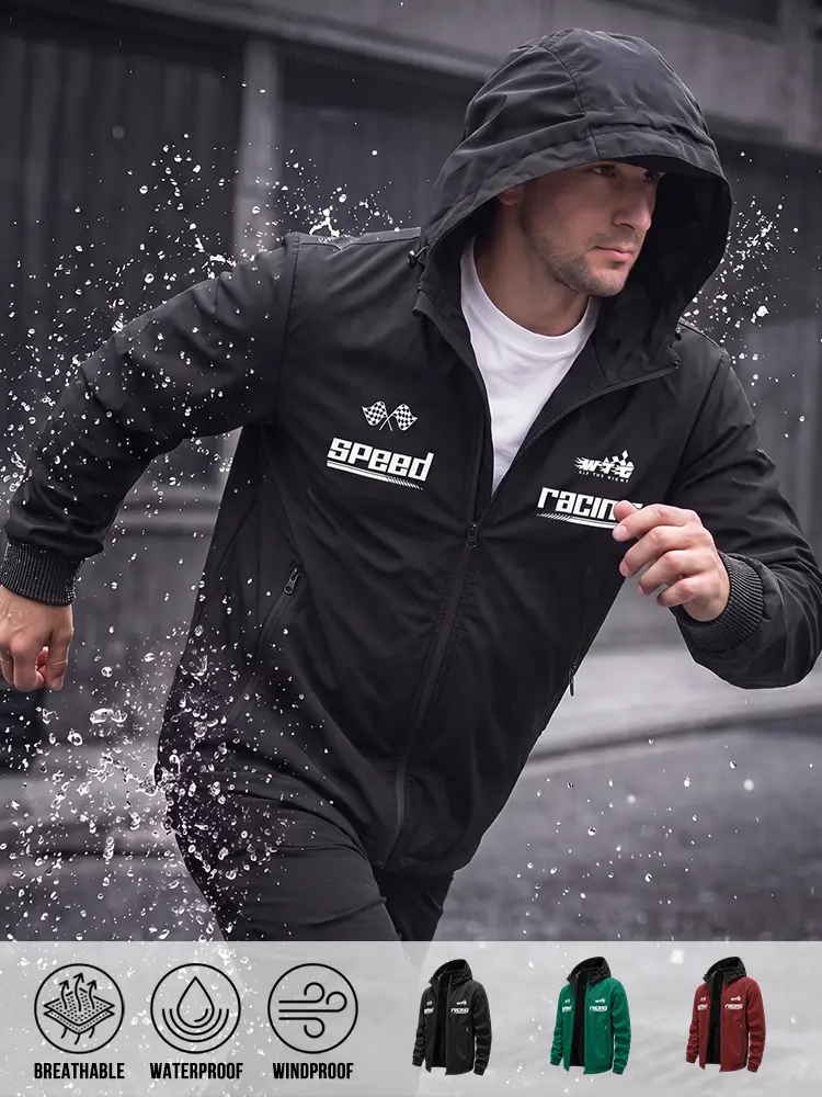 Classic Zip Front Hooded Jacket, waterproof windproof breathable outdoor fabric, speed racing flag combined letter print design, wrinkle-resistant easy-care textile, neat solid base for training and commuting scenarios