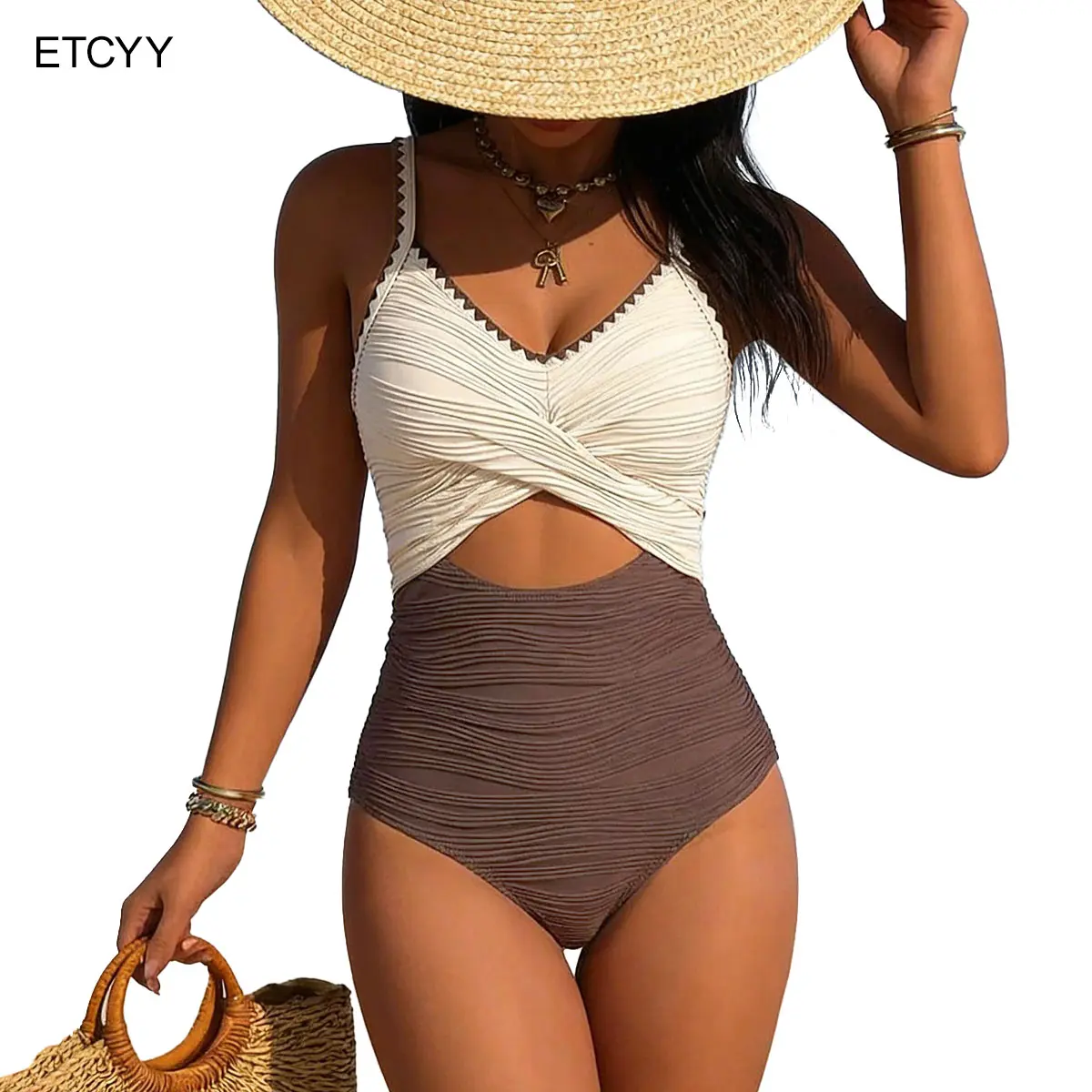ETCYY Women's Ribbed Cutout 1-Piece Swimsuit - Tummy-Control, Slimming, Push-Up, 2-Tone Bathing Suit for Beach, Vacation | Women's Swimsuits, Swim Spa Beachwear #DealsForYouDays, Bathing Suits