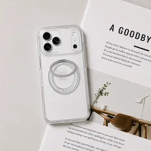 360° Rotating Kickstand Clear Case for iPhone 17 16 15 14 Pro Max Air, Magnetic Magsafe Compatible Cover with Clicky Sound Fidget Stand, High Transparency Shockproof PC Armor, Strong Suction