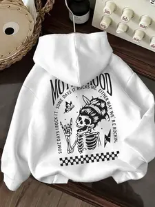 Women's Skull & Letter Print Raglan Sleeve Hoodie, Casual Comfy Pullover, Casual Long Sleeve Drawstring Pocket Hooded Top for Fall & Winter, Women's Clothes for Daily Wear