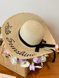 Hello Sunshine Letter Straw Sunhat, French Vacation Style, Wide Brim Sun Protection, Beach Travel, Summer Sand Photography