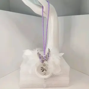 Purple and White Phoenix Feathered Beaded Car Mirror Hanger with Decorative Beads and Bag Attachment