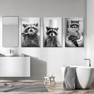 3-Piece Cute Raccoon Bathroom Wall Art Set, & Animal Posters, Funny Raccoon Reading Newspaper Canvas Painting, Humorous Bathroom Decor