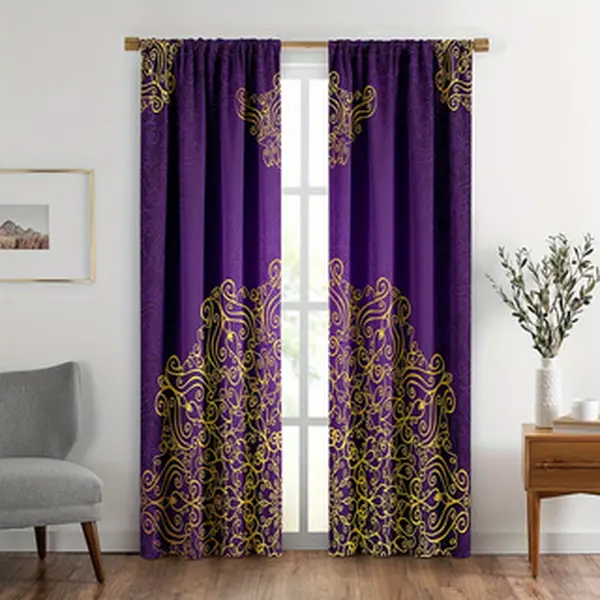 2pcs Purple Curtains, Traditional Mandala Moroccan Royal Colors Mystic Cosmos Theme Print, Window Drapes for Living Room Bedroom