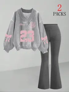 Women's Deep V Neck Warm Knit Sweatshirt & Slimming Fit Flared Pants Set, Fashion Butterfly Knot Design, Comfortable Casual for Fall Winter Womenswear, Casual Matching Set