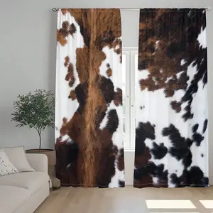 2 Piece Cowhide Texture Curtain Set, Creative Pattern 2D Print, American Vintage Polyester Curtains, Rod Pocket Installation, Home Decor