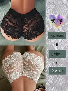 5pcs Sexy Floral Lace Underwear for Women, Low Waist Soft Lingerie, Comfortable Ladies' Panties, All Seasons Fitted Style, Elegant Soft Panty