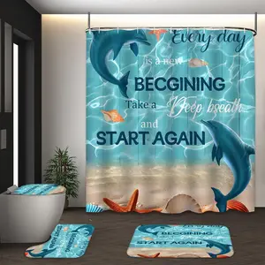 1/4Pcs Dolphin Seashell Starfish Beach Inspirational Quote Print Coastal Nautical Watercolor Art Style Light Blue Sand Tone Shower Curtain Set