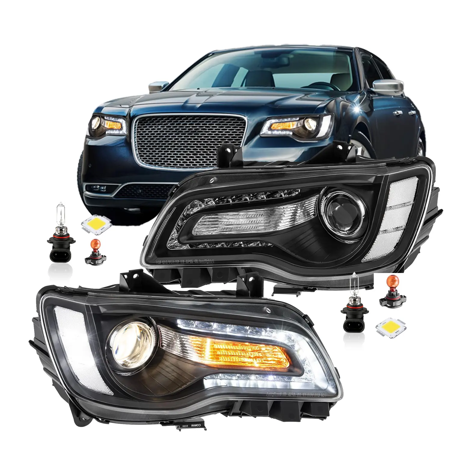 Headlight Assembly with Bulbs for 2011-2023 Chrysler 300/300C Headlamp w/LED DRL Replacement Driver and Passenger Side Chrome Housing Clear Reflector
