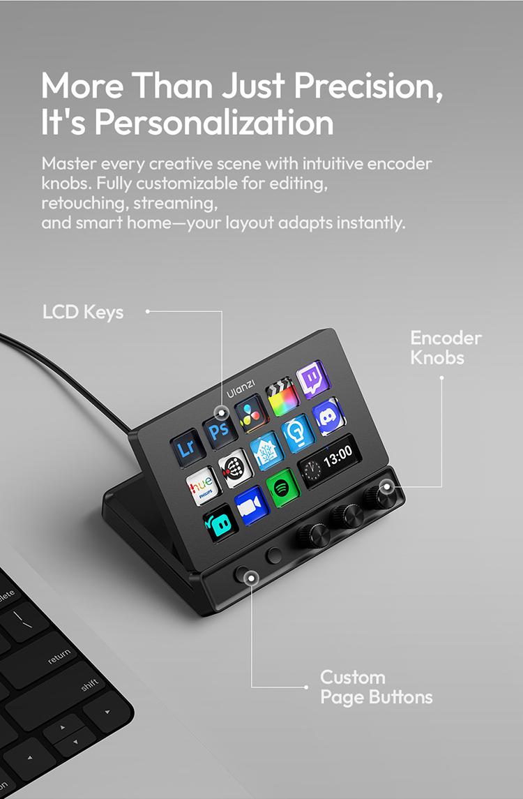 ULANZI D200X Stream Controller with 3 Knobs, 14 Customizable LCD Keys Macro Keyboard, 8-in-1 USB-C Hub Docking Station with 4K HDMI Content Creator Equipment for OBS/Video Editing/Photography/PC