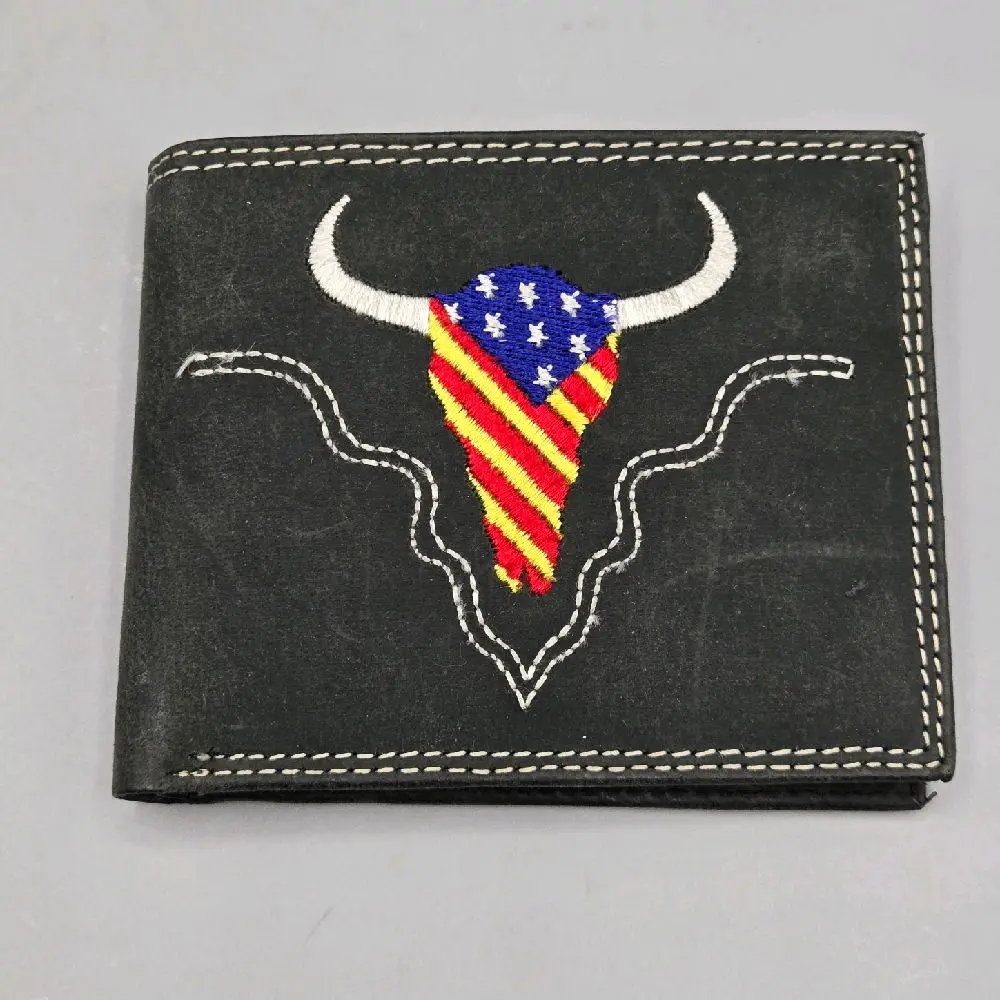 American Bison Genuine Leather Black Bifold Men's Wallet with Patriotic Embroidery Design