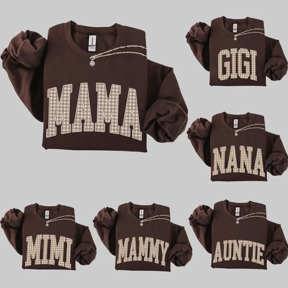 Customize Gingham Mama Sweatshirt, Personalized Mama Shirt Vintage Mama Shirt Trendy Mama Shirt Mothers Day Gift New Mama Baby Shower Pregnancy Announcement Shirt,Dark Chocolate - TrendWear USA