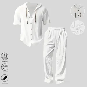 Men’s lightweight two-piece set with a hood, casual vacation style, loose and breathable thin fabric, hooded sweatshirt and wide-leg pants, for summer wear