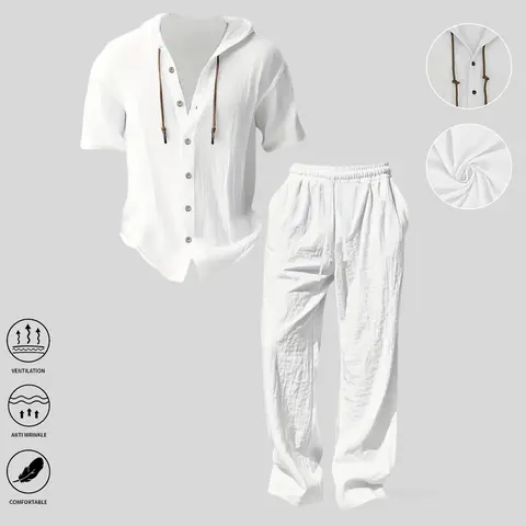 Men’s 2-Piece Linen-Polyester Blend Plain Hoodie & Wide-Leg Pants Set - Loose-Fitting Short Sleeve Hooded Top, Casual Street Style, Cool Thin Lightweight Breathable Fabric, Sports Use, Summer Holiday Wear