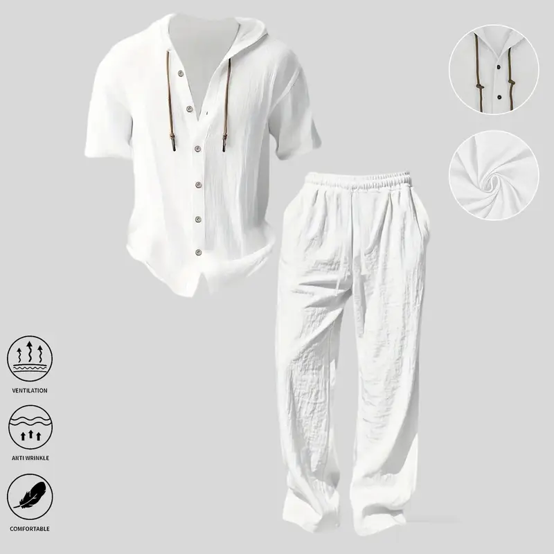 Men’s 2-Piece Linen-Polyester Blend Plain Hoodie & Wide-Leg Pants Set - Loose-Fitting Short Sleeve Hooded Top, Casual Street Style, Cool Thin Lightweight Breathable Fabric, Sports Use, Summer Holiday Wear