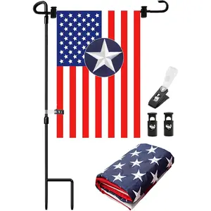 Garden Flag Stand with 12 x 18 Inches American Flags, Garden Flag Pole Holder with 1 Tiger Clip and 2 Spring Stoppers for Garden Flags Outdoor Decoration