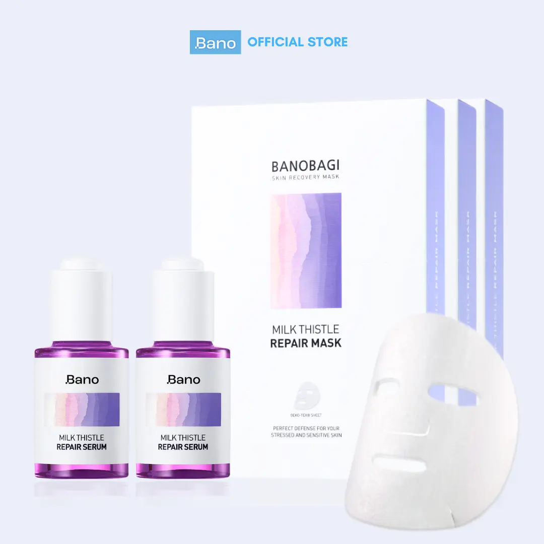 Bano Milk Thistle Repair Line - A Soothing Restorative Duo for Even the Most Sensitive Skin | Milk Thistle Repair Serum 1 FL OZ, Milk Thistle Repair Mask 10-Pack