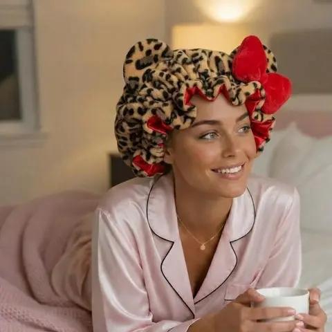 Women's Plush Satin Bonnet - Curly Hair Nightcap with Cute Animal Ears & Bow, Luxury Double-Layer Sleep Cap for Haircare, Friction-Free Protection, Hidden Adjustable Strap (Sports Headband Accessory)