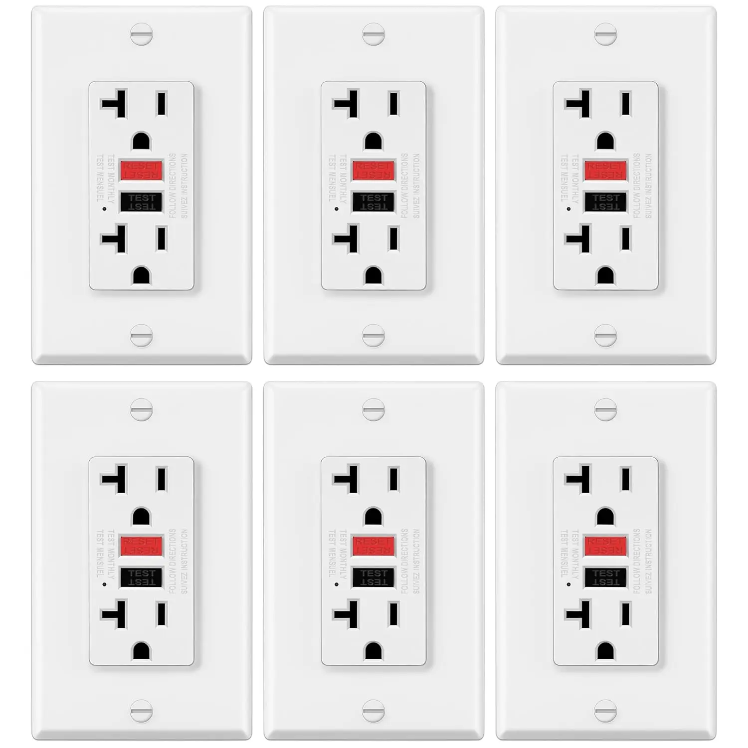 6 Pack GFCI Outlets 20 Amp, Non-Tamper Resistant, Decor GFI Receptacles with LED Indicator, Ground Fault Circuit Interrupter, Wallplate Included, ETL Listed, Red/Black Button ELECTECK