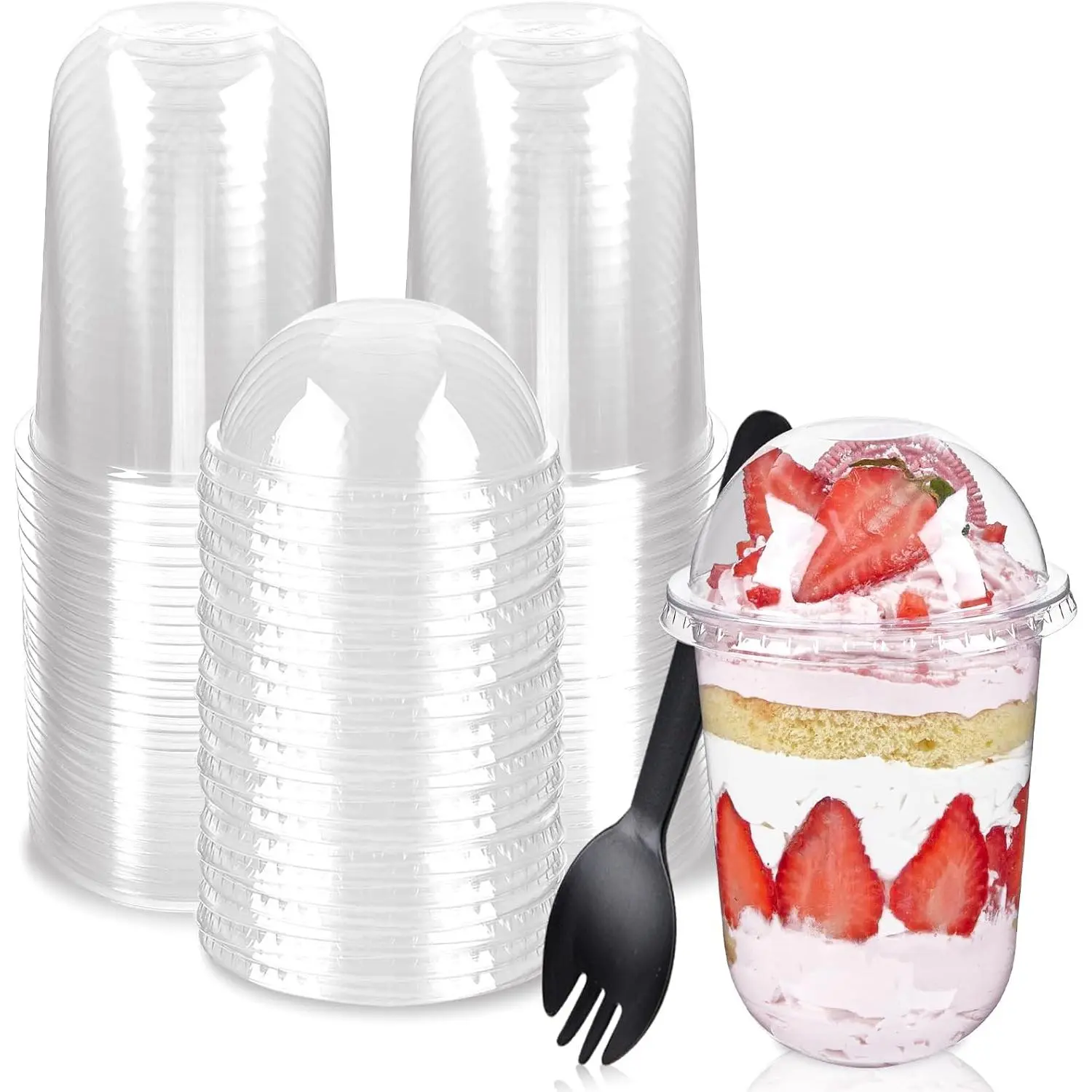 50 Pack 16 oz Plastic Dessert Cups with Dome  (No Hole) and Sporks, Clear Disposable Yogurt Parfait Cups with , Individual Party Serving Snack Cups for Pudding Dessert Fruit Cake